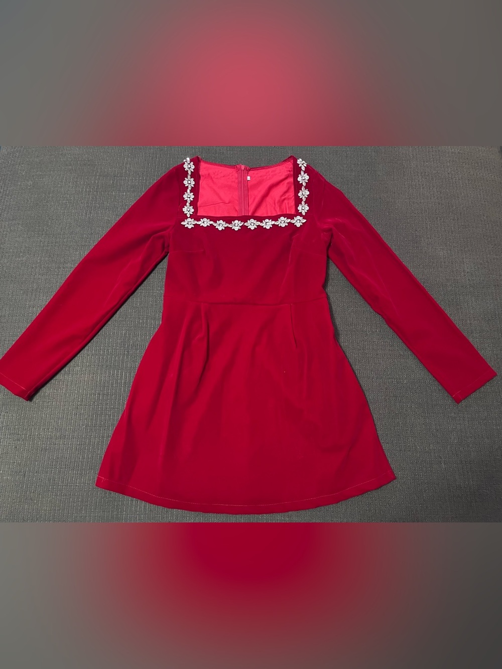 Red Velvety Long-Sleeve Mini Dress with Jeweled Trim New